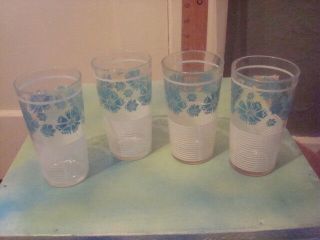 4 Vintage Drinking Glasses 10 Oz Turquoise And White Flowers