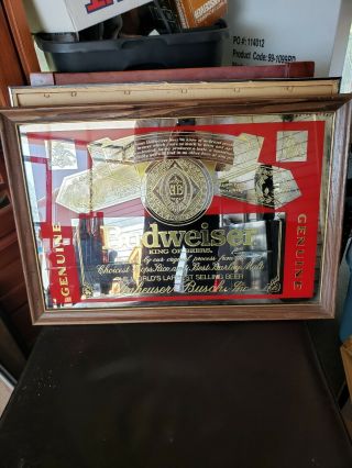 Rare 1989 Wood Framed Budweiser King Of Beers Bar Mirror