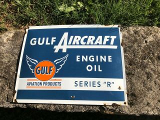 Old " Gulf Aircraft Engine Oil " Porcelain Advertising Sign,  (16 " X 13),  Great Sign