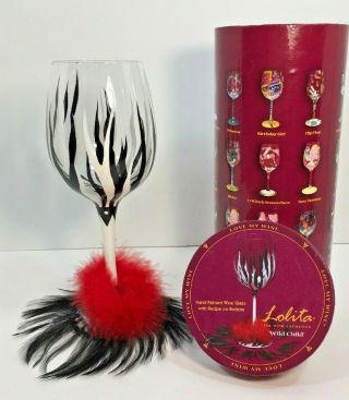 Lolita Wild Child Wine Glass Black White Feathers Handpainted Recipe Rare