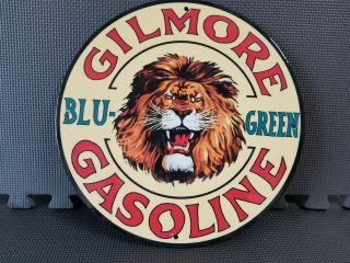 Vintage Gilmore Oil Company Lion Blu - Green 11 3/4 " Porcelain Metal Gasoline Sign