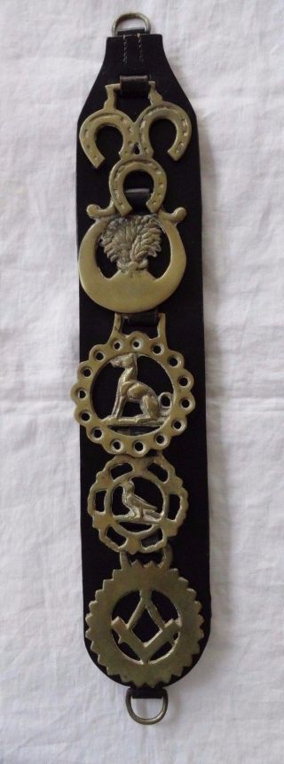 Vintage Brass Horse Medallions Masonic 5 On Leather Strap