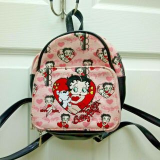 Betty Boop Backpack Purse Girls Embroidered Bag Pink Black Adjustable Straps Zip