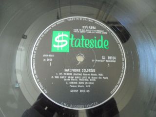 Sonny Rollins - Saxophone Colossus 1964 UK LP STATESIDE 3