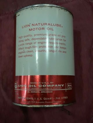 Lion Motor Oil 1 Qt.  Can Naturalube 1959 Copyright Date 3