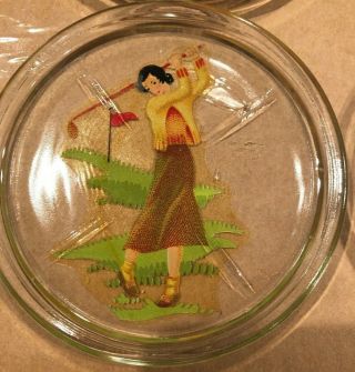 Vintage Mid Century Glass Coasters Set Of 8 Decals Women Sports Dancers Sailor
