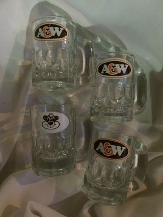 4 Mini Vintage A&w 3 " Root Beer Glass Mugs One With Rooty The Root Bear