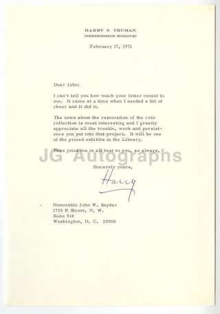 Harry S.  Truman 1971 Signed Letter Sent To Secretary Of Treasury John W.  Snyder
