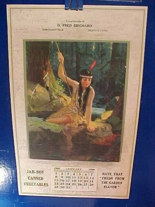 Orig 1928 Jam Boy Vegetables Advertising Calendar W Indian Princess Image
