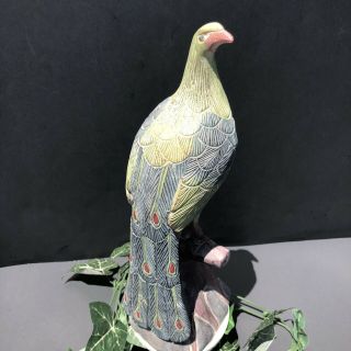 Vintage Hand Carved Hand Painted Wood Peacock Bird Art Sculpture 12” Tall