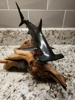 John Perry Hammerhead Shark Sculpture " Ebonite " 12in Long On Burlwood