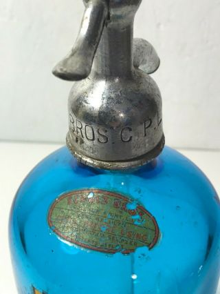 Vintage Seltzer Bottle Blue Etched - SCHOLZ BROS.  - COLLEGE POINT L.  I.  - Cool 7