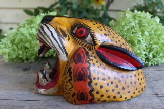 Tiger Mask Hand Carved & Painted Wood Mexican Folk Art Jungle Tribal Big Cats