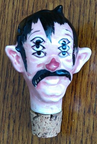 Vintage Hand Painted Ceramic Bottle Stopper Drunk Man With 6 Eyes And Red Nose