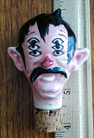 Vintage Hand Painted Ceramic Bottle Stopper Drunk Man with 6 Eyes and Red Nose 2