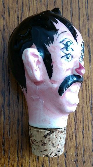 Vintage Hand Painted Ceramic Bottle Stopper Drunk Man with 6 Eyes and Red Nose 4