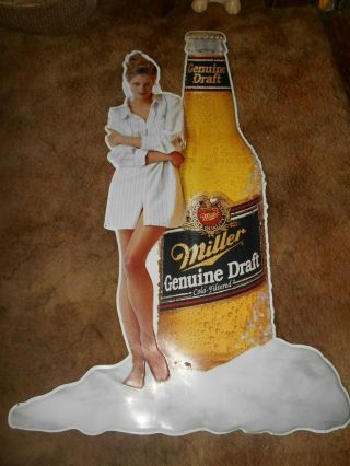 Miller Draft - Metal Sign - Has Bottle And Girl Standing Next To It