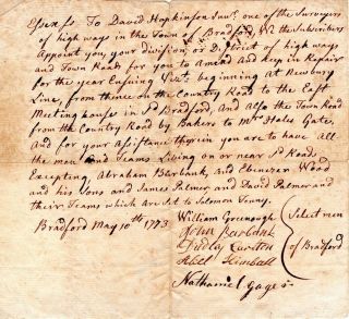 1773,  Bradford,  Mass; Selectmen Signed Order To Repair The Roads,  Hopkinson