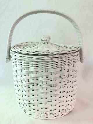 Vintage White Wicker Ice Bucket With Plastic Liner Lid Handle Woven Container