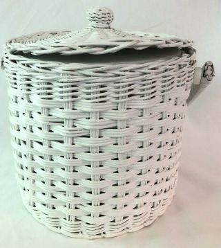 Vintage White Wicker Ice Bucket with Plastic Liner Lid Handle Woven Container 4