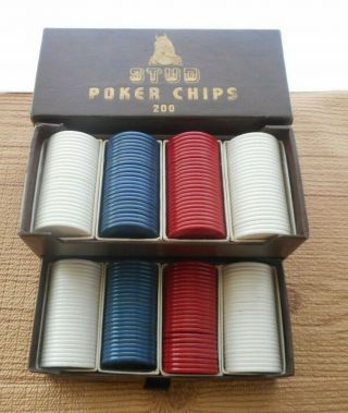 Vintage 200 Stud Poker Chips With Storage Case Complete Set B8