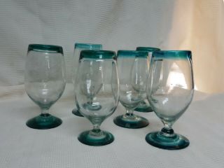 Set Of 6 Hand Blown Drinking Glasses Teal Vintage Pentil Handmade