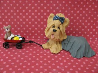 Handsculpted Yorkie Yorkshire Terrier Pulling Wagon Of Toys Figurine