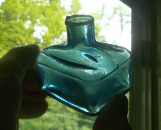 Light Cobalt Blue 3 Pc Mold Blown Double Penrest Groove Ink Bottle 1890s