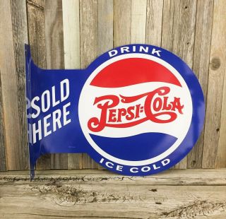 Pepsi Cola Soda Flange Metal Tin Sign Large Vintage Style Garage Man Cave