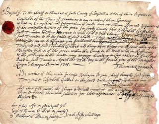1705,  Taunton,  Mass; Thomas Leonard,  Signed Writ,  Widow Has Bastard Child