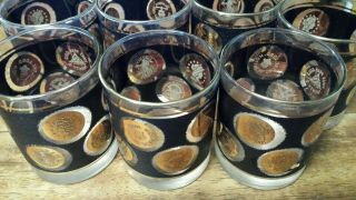 Set Of 7 Vtg Libby Whiskey Rocks Glasses Black & Gold Trim Gold Coin Emblems