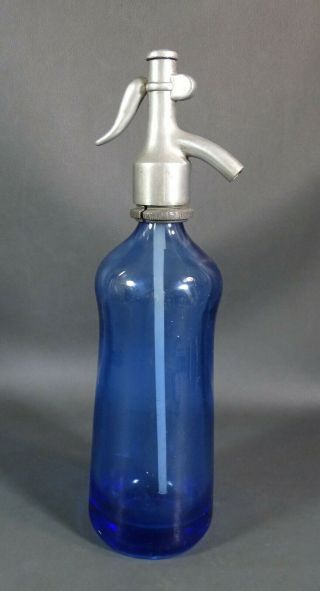 12 " Antique Soda Siphon Water Seltzer Cobalt Blue Glass Bottle Pewter Top