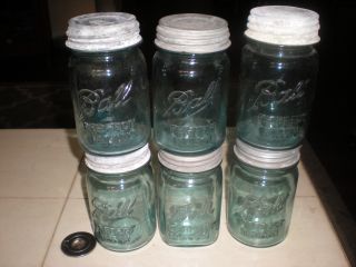 (6) Antique Pint Aqua Blue Ball Mason Canning Jars W/ Zinc Lids - 1910 - 1933