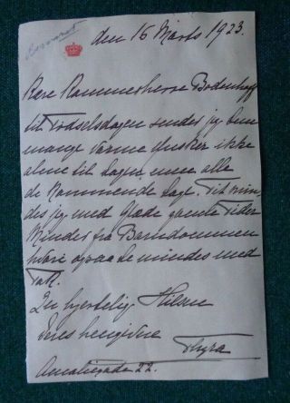 Antique Signed Letter Princess Thyra Denmark Iceland Glucksburg 1923 Bodenhoff