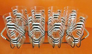 Set Of 8 Highball Drinking Glasses,  Caddy Carrier Mid - Century Black & White