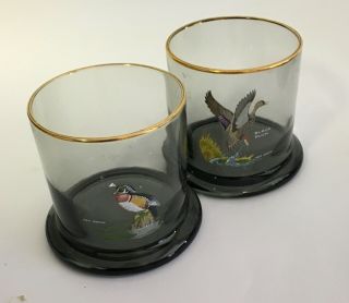 2 Vintage Ned Smith Water Fowl Ducks Smoky Lowball Glasses Black Duck Wood Duck