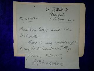 P G Wodehouse.  Signed Novelist - Author - Humorist - Autograph Note