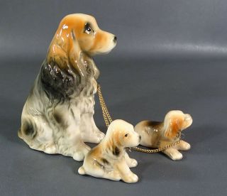Vintage Japan Cocker Spaniel Dog Puppies Mom Family Ceramic Figurine Set W/chain