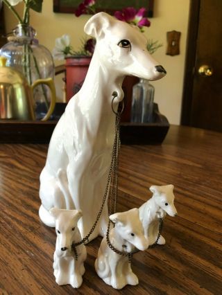 Rare Vtg Mom Dog & Three Puppies On Chain Figure White Greyhound