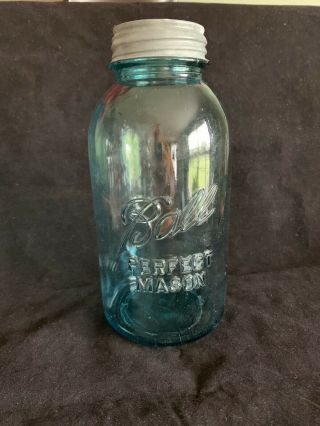 Vintage Ball Perfect Mason Fruit Canning Jar Blue Aqua 13 Zinc Lid