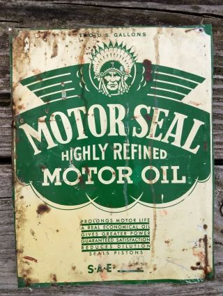 Vintage 2 Gallon Motor Seal Oil Can Front Sign Wall Art Man Cave Indian Green