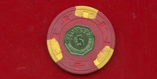 Vintage " El Cortez " Yellow/red W/green Center $5.  00 Casino Chip (scarce)