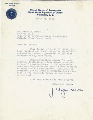 J.  Edgar Hoover Fbi Director - 1942 Letter Hand Signed On Fbi Letterhead,