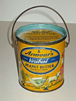 Antique Armours Veribest Peanut Butter Tin Litho Pail Can Nursery Rhyme Children
