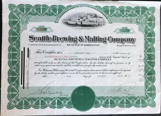 Seattle Brewing & Malting Co Stock 1937.  Incorporated In 1878 - " Rainier Beer "