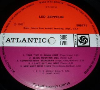 LED ZEPPELIN 1st LP 1969 RED/MAROON ATLANTIC CORRECTED B SIDE TINY TEXT 3