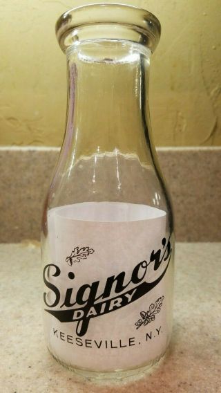 Vintage Signors Dairy Glass Pint Milk Bottle Keeseville Ny York