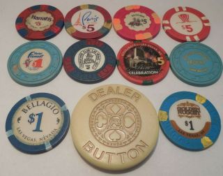 11 - Different - Few Rare - Las Vegas Hotel/casino - $1&$5 Chips - $34 Face,  Dealer Button
