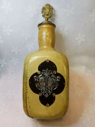 Vintage Whiskey Decanter Italy Tan Leather Coat Of Arms Buckhead Estate Find Scb