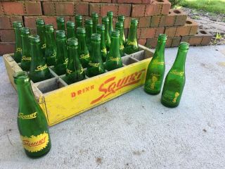 Vintage Wooden Soda Crate & 24 Green Bottles Drink Squirt Wood Box Dividers 7oz